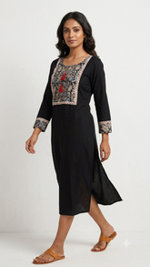 Charcoal Black Cotton Kurta with Floral Block-Print Panel