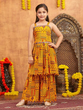 Girls Ethnic Motifs Printed Empire Mirror Work Kurta with Sharara