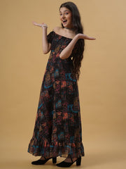 Girls Floral Printed Georgette Off-Shoulder Maxi Dress