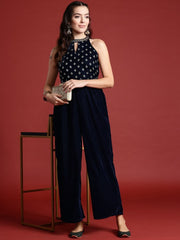 Halter Neck Printed Embroidered Culotte Jumpsuit with Belt