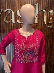 Magenta Straight Kurta with Floral Yoke Embroidery