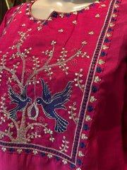 Magenta Straight Kurta with Floral Yoke Embroidery