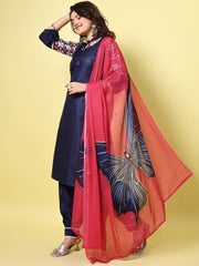 Navy Blue Floral Embroidered Tie-Up Neck Straight Kurta With Salwar And Dupatta