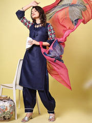 Navy Blue Floral Embroidered Tie-Up Neck Straight Kurta With Salwar And Dupatta