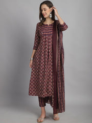 Notched Neck Mirror Work Floral Printed A Line Kurti with Trouser & Dupatta