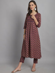 Notched Neck Mirror Work Floral Printed A Line Kurti with Trouser & Dupatta
