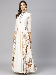 Off White & Brown Floral Printed Maxi Dress
