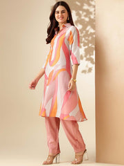 Pink & White Printed Shirt Collar A-Line Kurta With Salwar