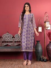 Purple Floral Printed Beads and Stones Chanderi Silk Kurta with Trousers & Dupatta
