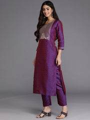 Purple Geometric Woven Design Thread Work Jacquard Kurta with Trousers & Dupatta