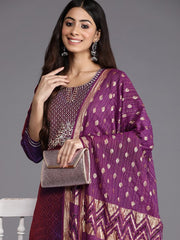 Purple Geometric Woven Design Thread Work Jacquard Kurta with Trousers & Dupatta