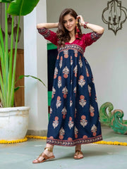 Red & Navy Blue Ethnic Motifs Printed Maxi Dress