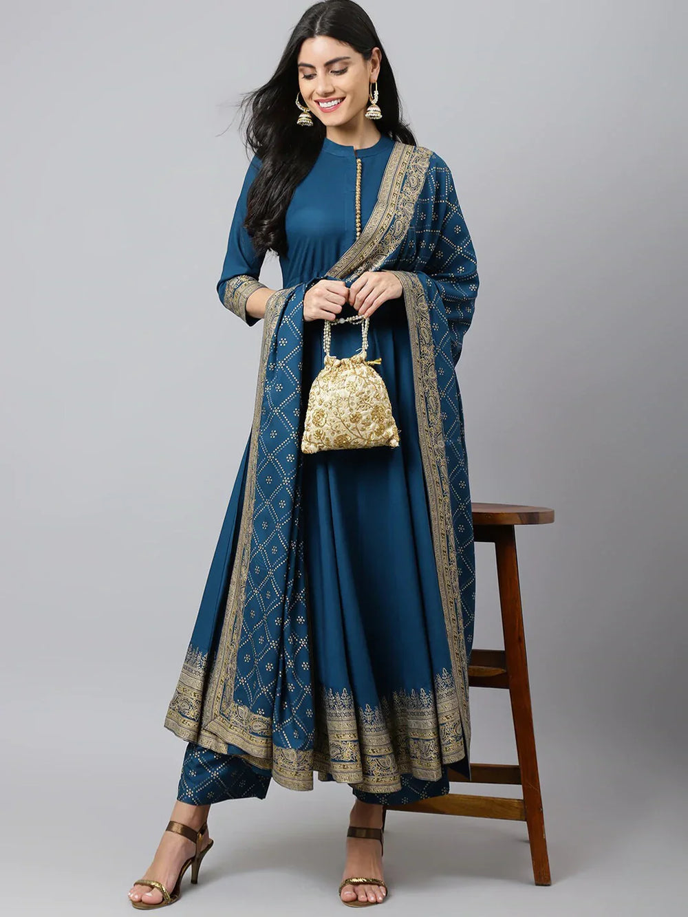 Women Blue Ethnic Motifs Empire Kurta with Trousers & Dupatta Vasthro