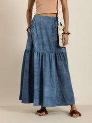 Women Indigo Denim Cotton-Linen Tiered Maxi Skirt