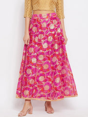 Women Magenta & Gold Floral Printed Maxi Length Flared Skirt