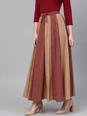 Women Maroon & Beige Printed Flared Maxi Skirt