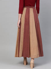 Women Maroon & Beige Printed Flared Maxi Skirt