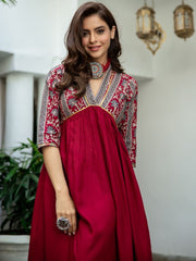 Women Maroon & Grey Printed A-Line Dress