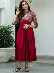 Women Maroon & Grey Printed A-Line Dress
