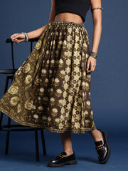 Women Pure Cotton Floral Printed Bagru Flared Midi Skirt