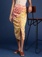Women Pure Cotton Ruched Detail Rangeen Dabu Pencil Skirt