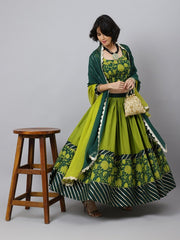 Floral Printed Cotton Lehenga & Blouse With Dupatta
