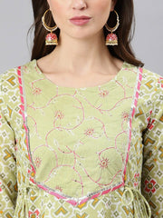 Women Green & Pink Printed Pure Cotton Kurta with Palazzos & Dupatta