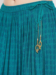 Women Teal Blue & Gold-Colored Geometric Printed Flared Maxi Skirt