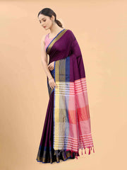 Purple & Pink Zari Art Silk Fusion Arani SareeSareeThe Arani saree exudes timeless elegance with its solid hue, making it perfect for traditional occasions. Ornamented with intricate Zari work along the borders, it ePurple & Pink Zari Art Silk Fusion Arani Saree