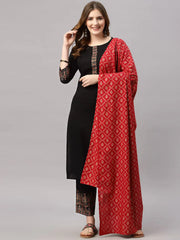 Women Black Kurta with Trousers & With DupattaKurta SetsThis stylish three-piece ensemble comprises a straight-shaped kurta with three-quarter sleeves, offering a classic and comfortable fit for daily wear. The solid pattWomen Black Kurta