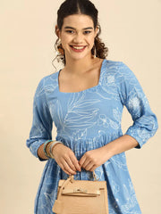 Blue & White Floral Square neck Fit N Flare DressEthnic DressesThis charming flared dress is crafted from soft cotton fabric, ensuring comfort and breathability for daily wear. Its flared hemline adds a playful and feminine toucBlue & White Floral Square neck Fit