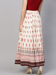 Cream-Coloured & Red Printed Flared Maxi Skirt
