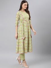 Women Green & Pink Printed Pure Cotton Kurta with Palazzos & Dupatta