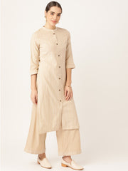 Women Beige Pure Cotton Striped Kurta with Palazzos
