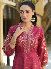 Women Red & Golden Ethnic Motifs Print Liva Maxi Dress