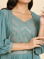 Teal & Gold-Toned Embellished Ready to Wear Lehenga Choli with Jacket