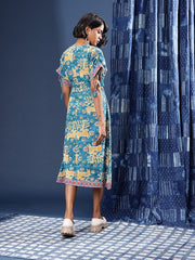 Pure Cotton Printed Tie Up Waist A-Line Sanganeri Ethnic Dress With Side Slit