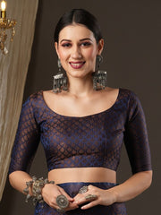 Navy Blue & Gold-Toned Woven Design Zari Silk Blend Banarasi Sarees