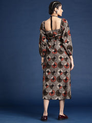 Dabu Geometric Printed A-Line Pure Cotton Midi Ethnic Dress