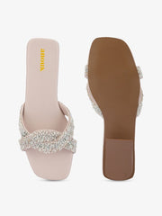 Women Embellished White Block Heel Sandals