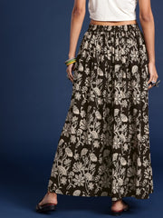 Floral Printed Cotton Maxi Flared Skirt