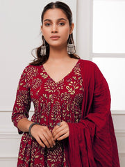 Floral Printed Anarkali Kurta with Trousers & Dupatta