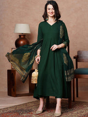 V-Neck Anarkali Kurta with Trousers & Dupatta