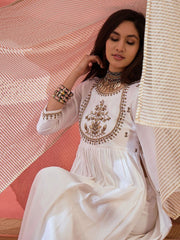 White Floral Embroidered Silk Blend A-Line Kurta With Trousers And Dupatta