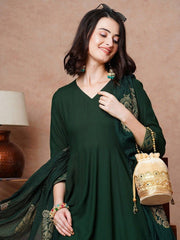 V-Neck Anarkali Kurta with Trousers & Dupatta