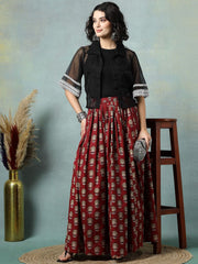 Floral Printed Cotton Flared Maxi Skirt