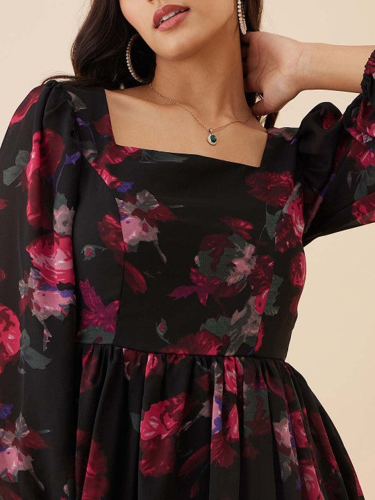 Black Floral Printed Fit & Flare Dress-2
