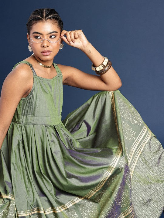 Smocked Printed Flared Midi Taavi Festive Ethnic Dresses-3
