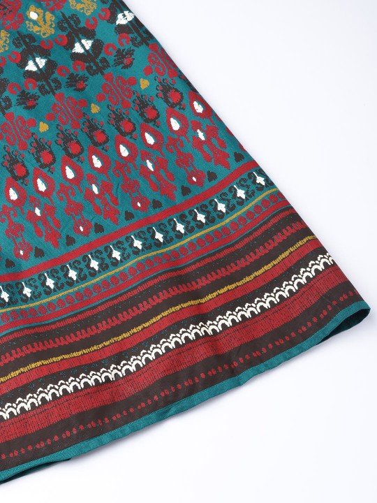 Teal Blue & Red Printed Flared Maxi Skirt