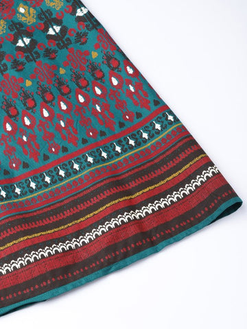 Teal Blue & Red Printed Flared Maxi Skirt